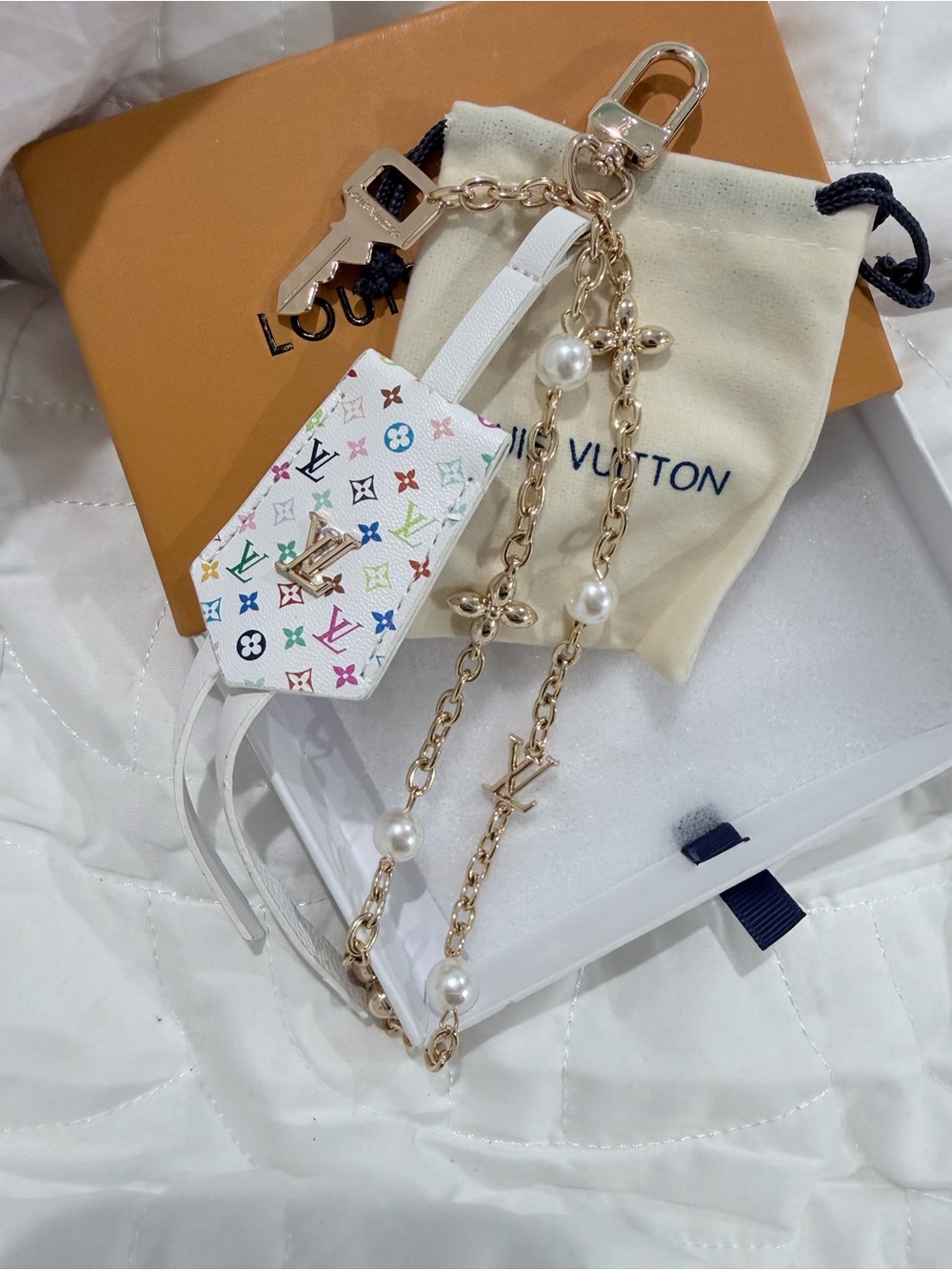 Fashion Multicolor Monogram White Leather Bag Charm Key Holder